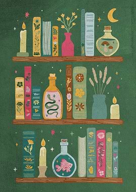 Magical Bookshelf with Potions & Candles