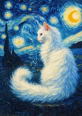 White Cat in Starry Night Style