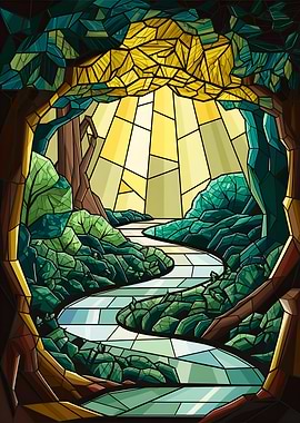 Stained Glass Artistry: A Forest River Illuminated by Golden Light