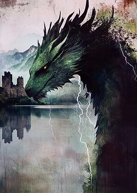 Green Dragon Overlooking Castle and Lake