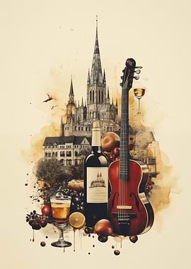 Watercolor Still Life with Guitar and Wine