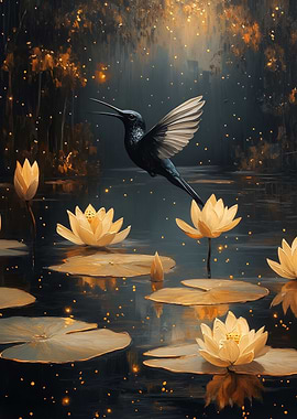 Hummingbird and Water Lilies in Golden Light