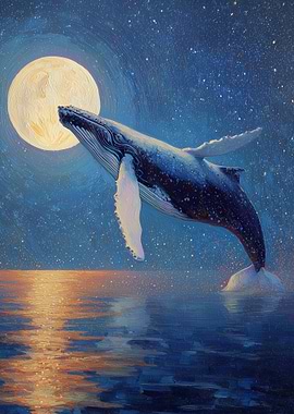 Whale breaching under the moonlight painting