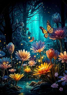 Enchanted Forest with Flowers and Butterflies