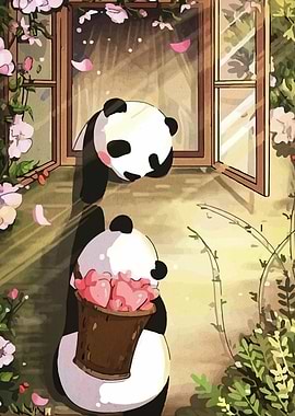 Two Pandas with Flowers by Window