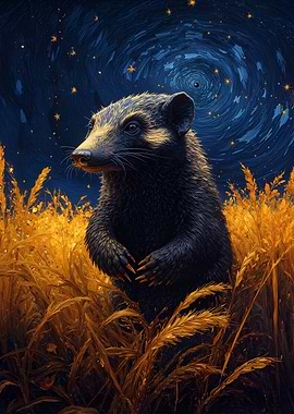 Wolverine in Golden Field Under Starry Sky