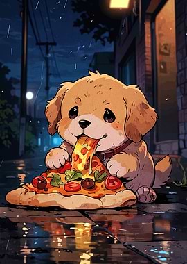 Cute Puppy Eating Pizza in Rain