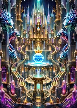 Enchanted Crystal Castle with Celestial Dragons Grand Staircase