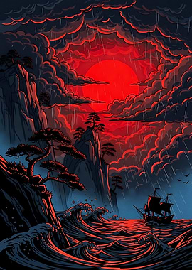 Pixel Art Stormy Sea with Ship