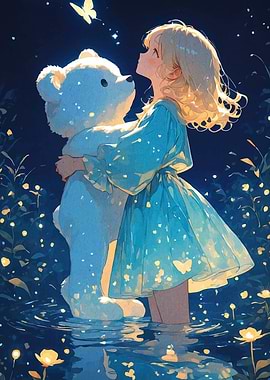 Girl hugging teddy bear in water