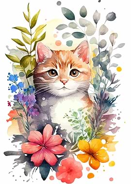 Watercolor Cat Portrait with Floral Accents