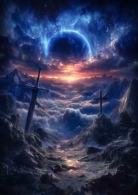 Fantasy Landscape with Sword and Cross