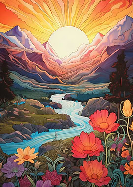 Floral Mountain Landscape with River