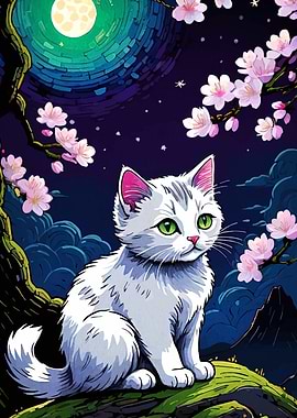 White Cat Under Cherry Blossoms