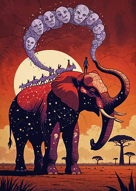 Surreal Elephant with Faces and Riders