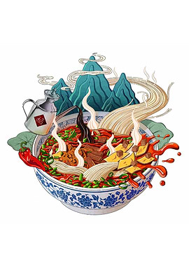 Chinese Noodle Bowl with Mountain Backdrop