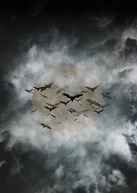 Bats flying in front of moon