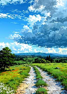Anime Landscape with Path and Clouds