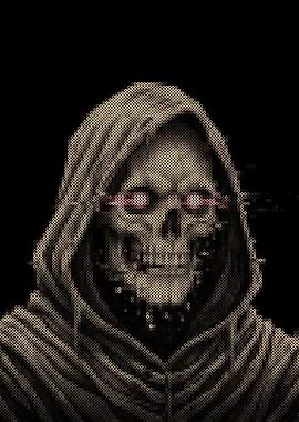 Pixelated Grim Reaper with Glowing Eyes