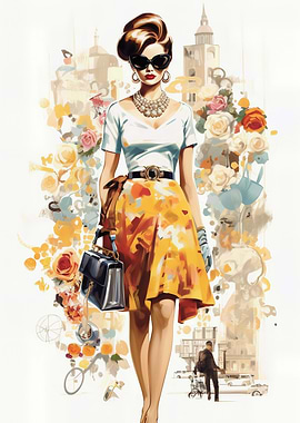 Elegant Woman in Cityscape Fashion Illustration