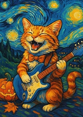 Cat Guitarist in Starry Night Style