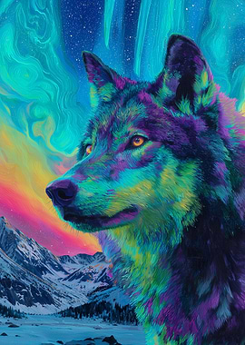 Colorful Wolf Portrait Under Aurora Borealis