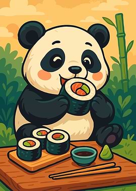 Cartoon Panda Eating Sushi Illustration