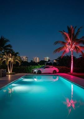 Luxury Car by Pool at Night Mercedes C63 AMG
