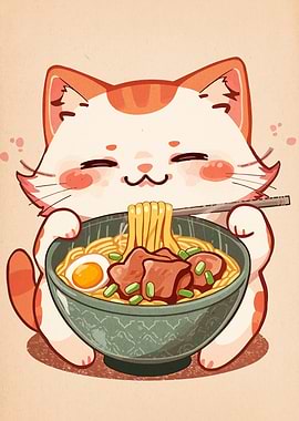 Cute Cat Enjoying Ramen Illustration