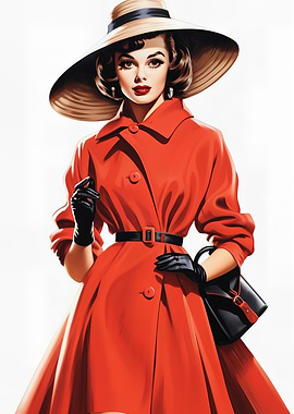 Elegant Woman in Red Coat and Hat