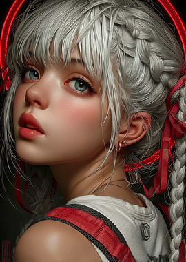 Anime Girl Portrait with Braids and Ribbons