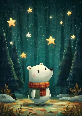 Polar Bear Under Starry Night Sky