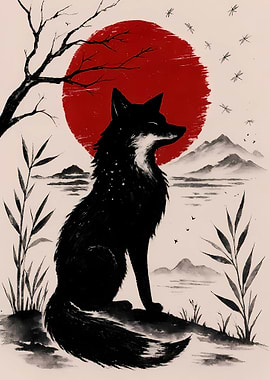 Fox and Red Sun Ink Painting