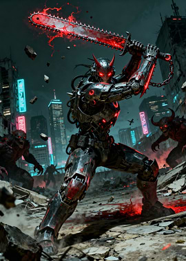 Cyberpunk Demon Warrior with Chainsaw Sword