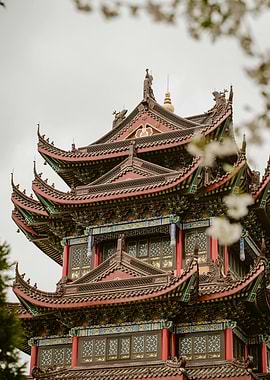 Ornate Asian Pagoda with Blossoming Tree