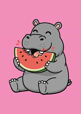 Hippo eating watermelon on pink background
