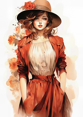 Watercolor Portrait of Woman in Hat