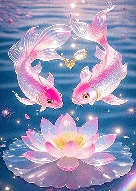 Pink Koi Fish and Lotus Flower