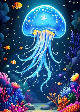 Glowing Jellyfish in a Coral Reef