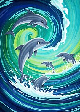 Dolphins playing ocean waves