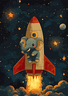 Elephant Astronaut on Rocket in Space