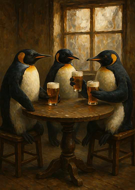 Penguins Drinking Beer at a Pub
