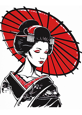 Geisha with Red Umbrella Illustration