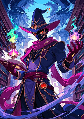 Wizard in Library with Magic