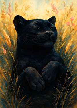 Relaxing Black Panther in Field