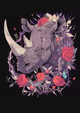 Floral Rhino Illustration on Black Background