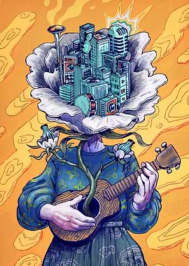 Musical Cityscape Flower Person Illustration