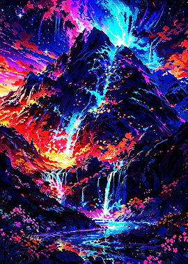 Neon Cascade - Luminous Mountain & Waterfall Fantasy Landscape