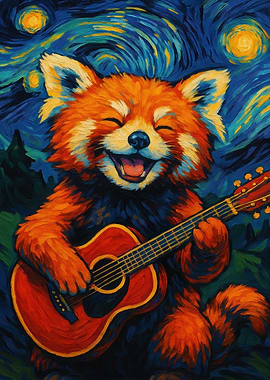 Red Panda Guitarist Starry Night Painting