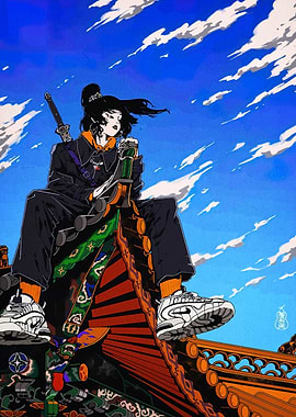 Anime Girl with Sword on Roof